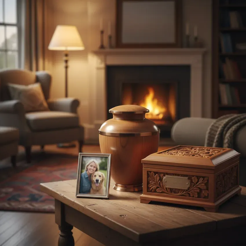 Casket and urn in living room -mt-12