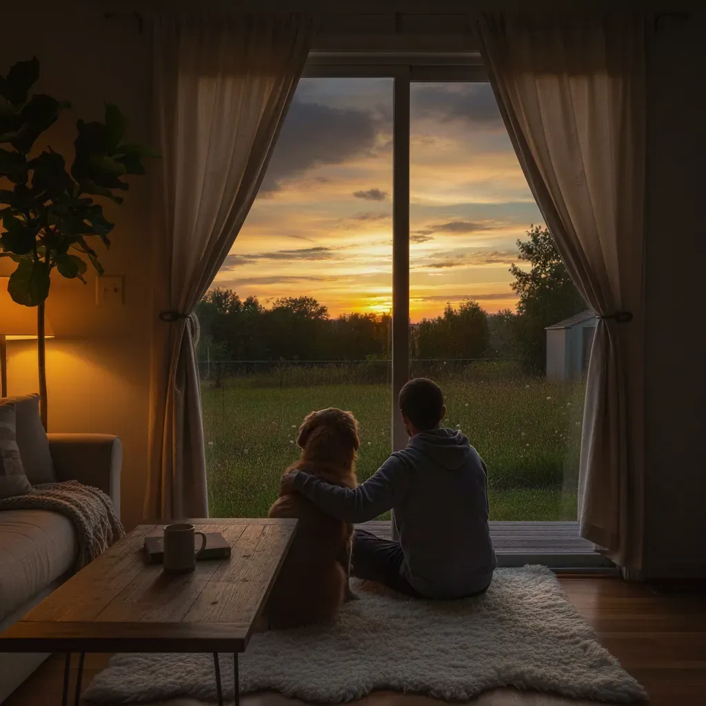 Dog and man looking at sunset